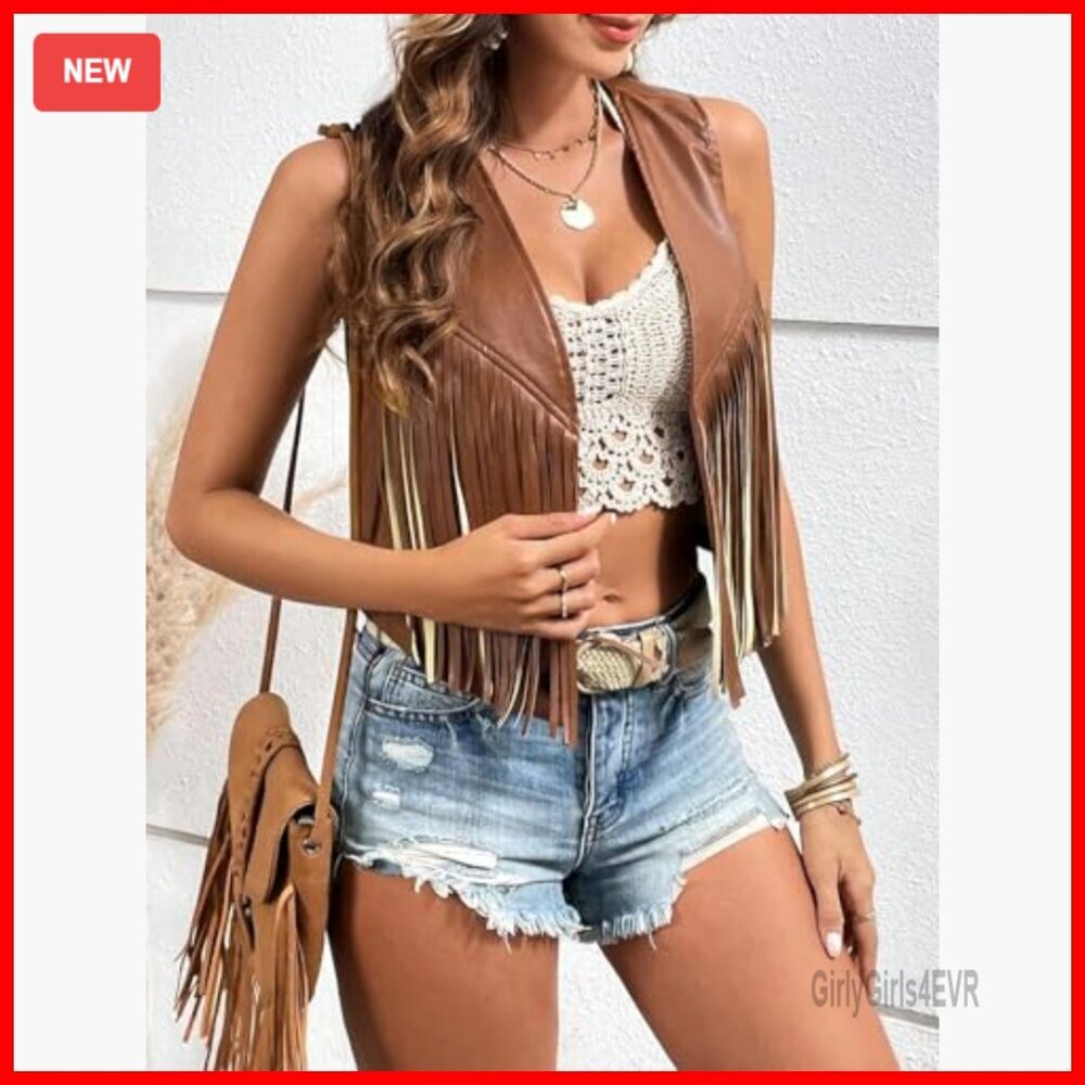 Western Fringe PU Leather Vest Sleeveless Cropped Cardigan Boho 70s Hippie - Picture 4 of 5